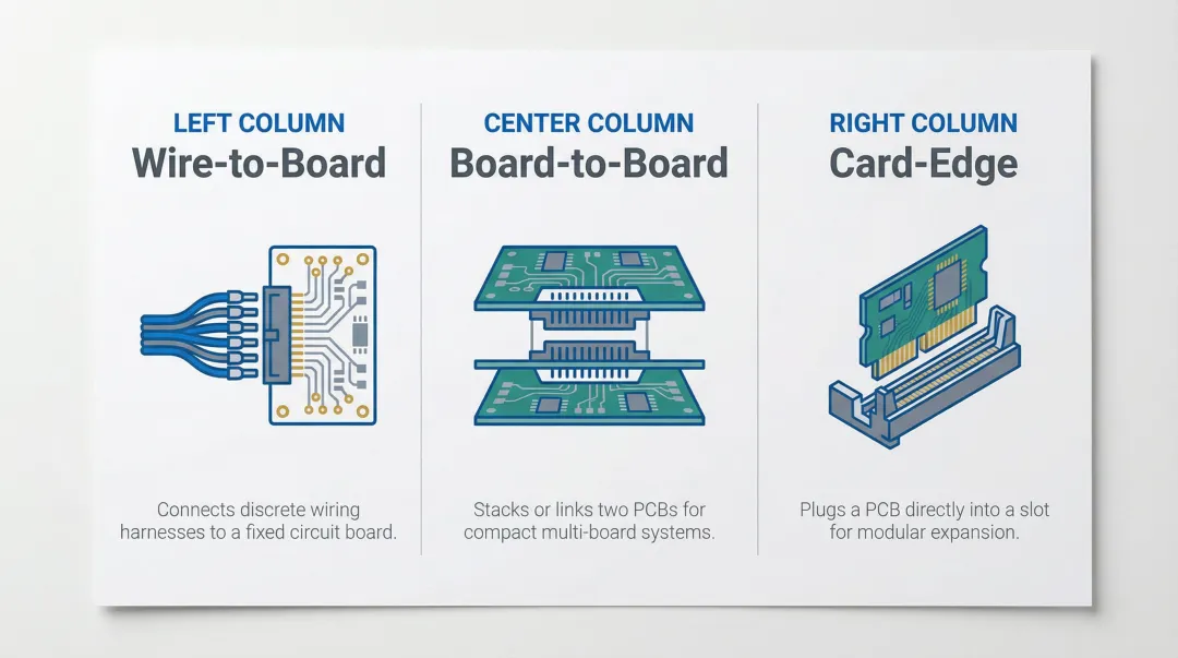 Three PCB board connector assembly types wire-to-board board-to-board card-edge diagram