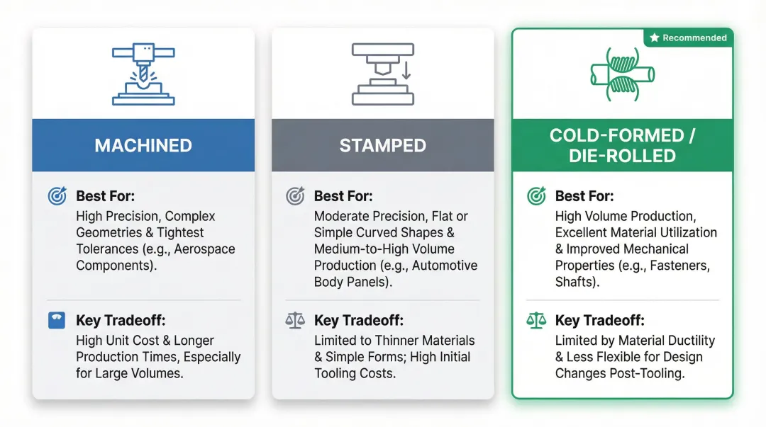 Machined stamped cold-formed contact pin manufacturing method trade-off comparison chart