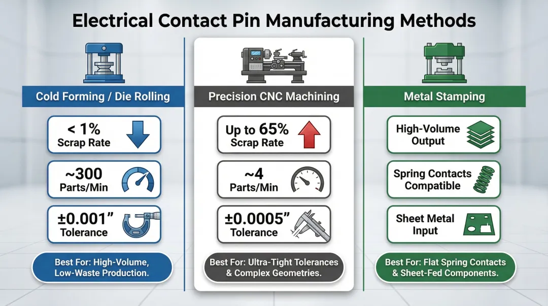 Three electrical contact pin manufacturing methods comparison process infographic