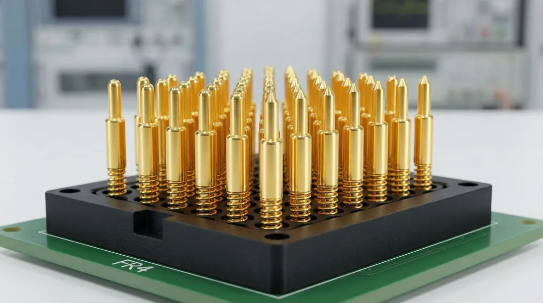 Spring-loaded pogo pin test probes used in semiconductor PCB testing applications