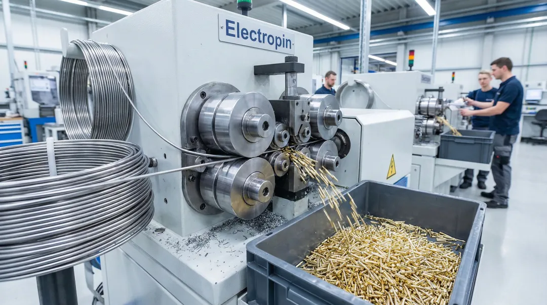 Electropin automatic die rolling machine producing precision cold-formed contact pins at high speed