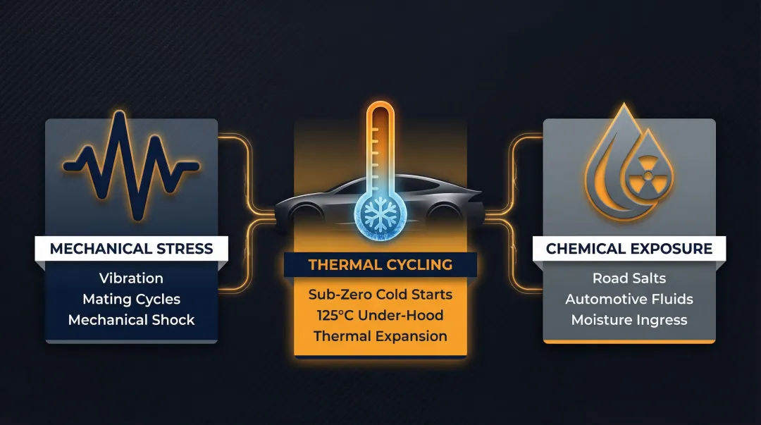 Automotive contact pin environmental stressors mechanical thermal and chemical challenges diagram