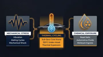 Automotive contact pin environmental stressors mechanical thermal and chemical challenges diagram