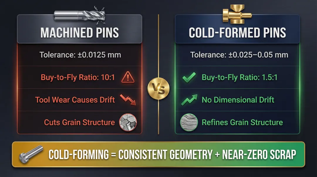 Machined versus cold-formed contact pin manufacturing process comparison infographic