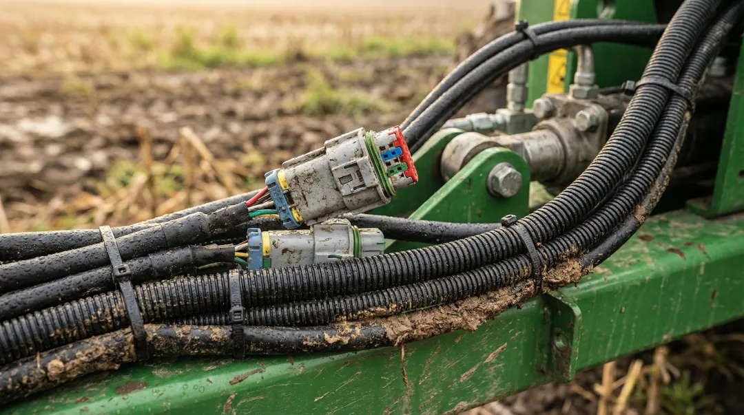 Agricultural harvester equipment with sealed electrical connector assembly in field conditions
