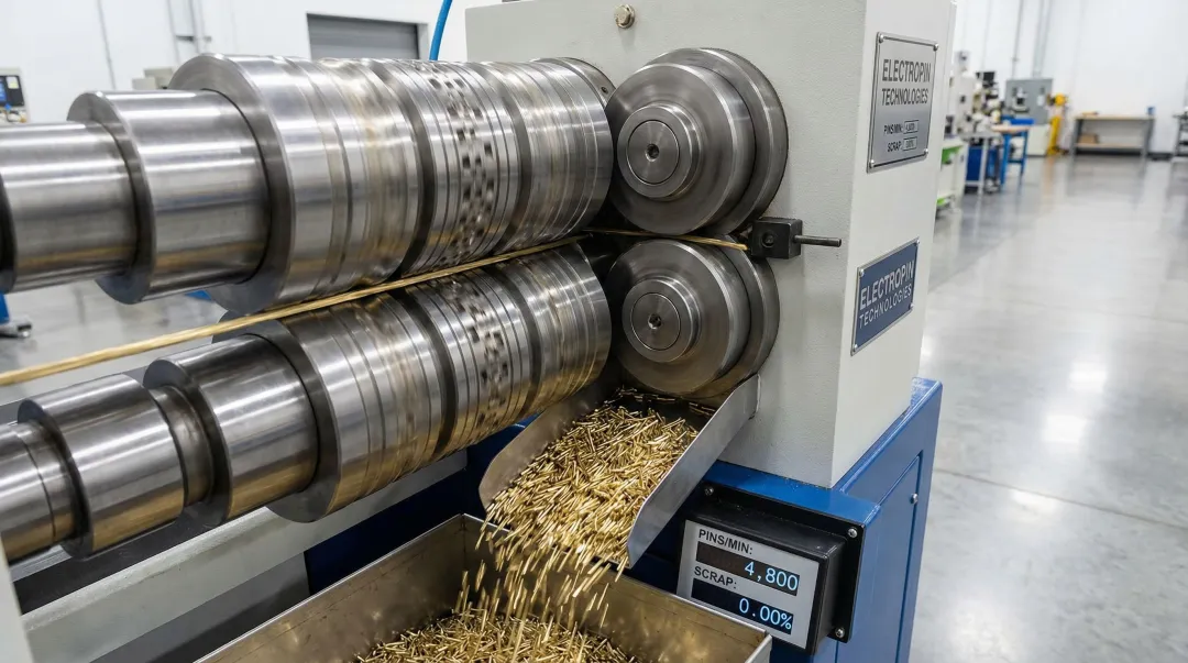 Electropin die rolling manufacturing process producing custom compliant pins at high speed