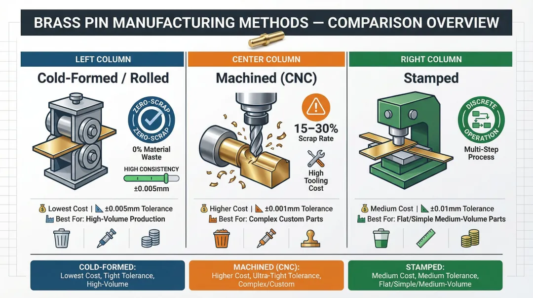 Three brass contact pin manufacturing methods comparison cold-formed machined stamped