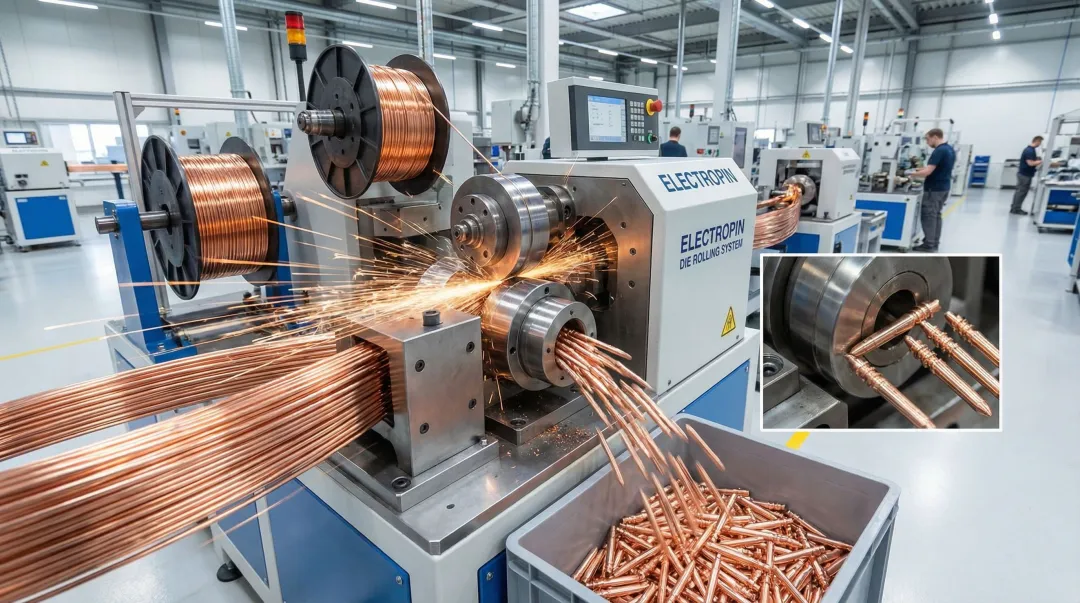 Electropin proprietary die rolling process producing precision contact pins with zero scrap