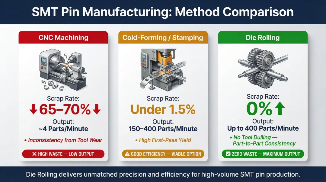 SMT pin manufacturing methods comparison showing scrap rates and production speed differences