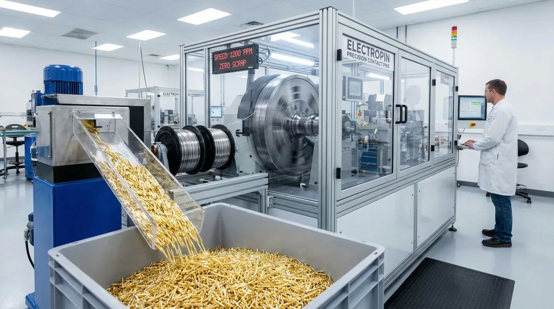Electropin automatic die rolling process producing precision contact pins at speed