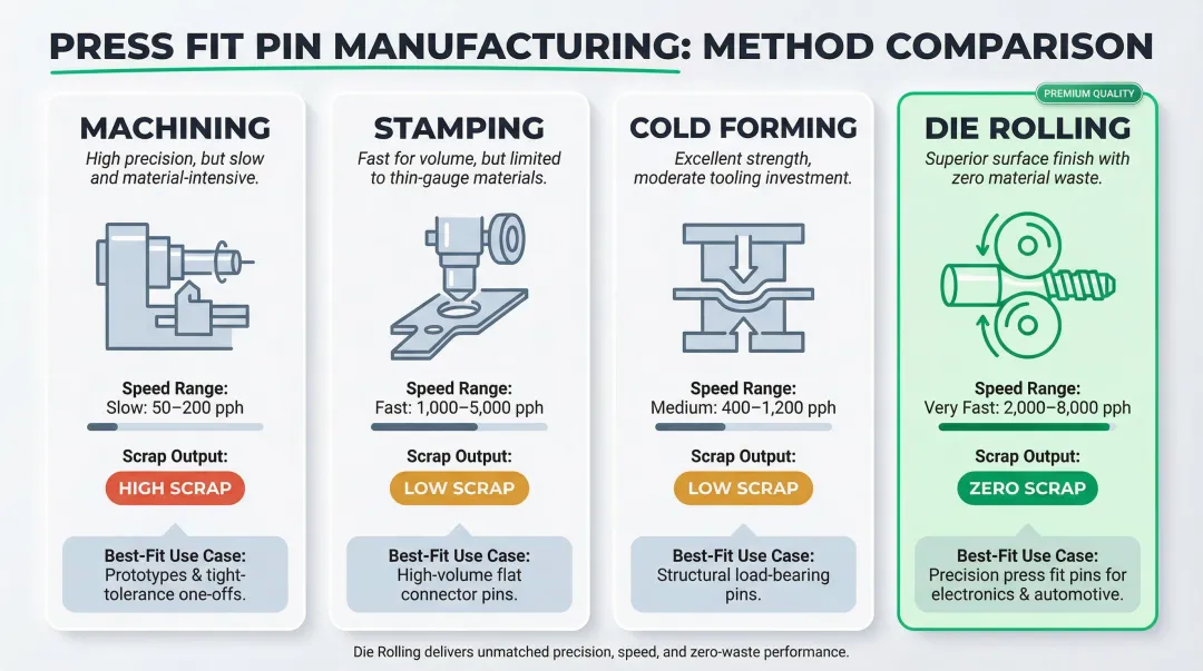 Press fit pin manufacturing methods comparison machining stamping cold forming die rolling