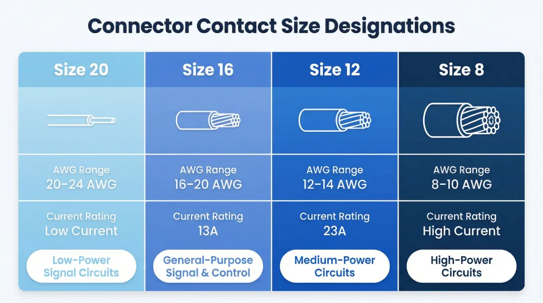 Connector contact size AWG range current rating and application comparison chart
