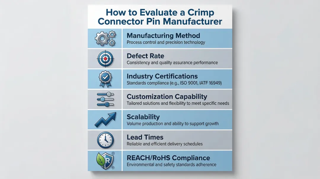 Seven criteria for evaluating crimp connector pin manufacturers comparison framework infographic