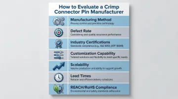 Seven criteria for evaluating crimp connector pin manufacturers comparison framework infographic