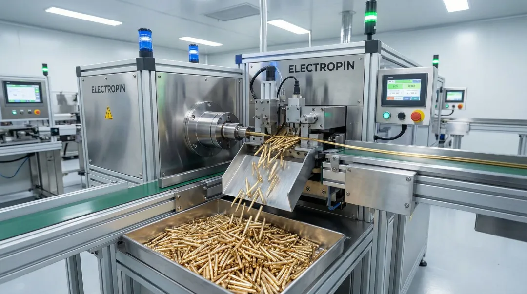 Electropin automatic die rolling machine producing custom crimp connector pins at speed