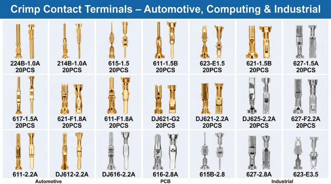 Assorted crimp connector pins and contact terminals from major US manufacturers