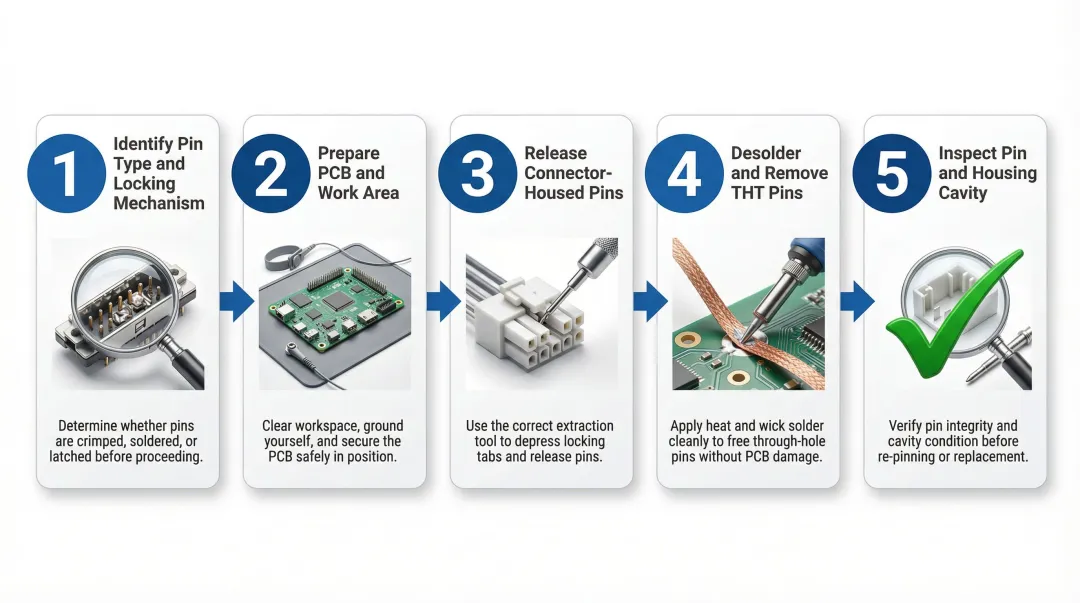 Five-step PCB pin removal process flow from identification to post-removal inspection