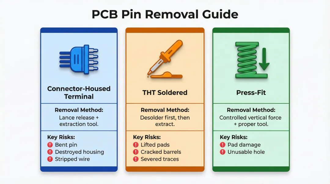 Three PCB pin types removal methods and damage risks comparison infographic