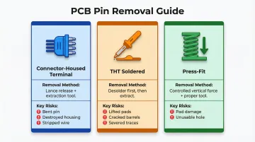 Three PCB pin types removal methods and damage risks comparison infographic