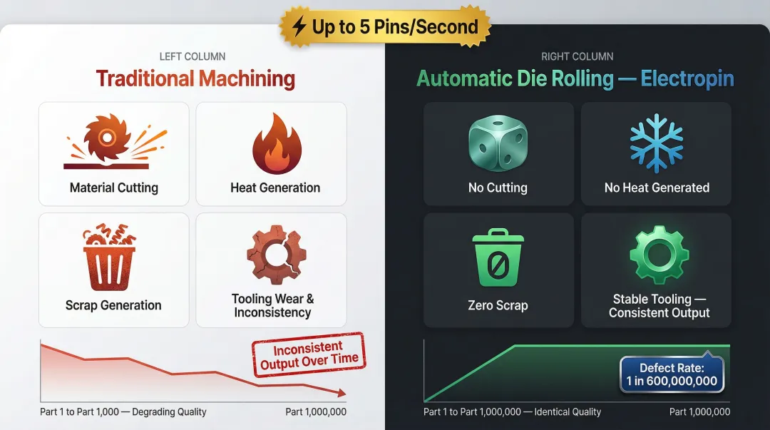 Electropin automatic die rolling versus traditional machining defect rate comparison infographic