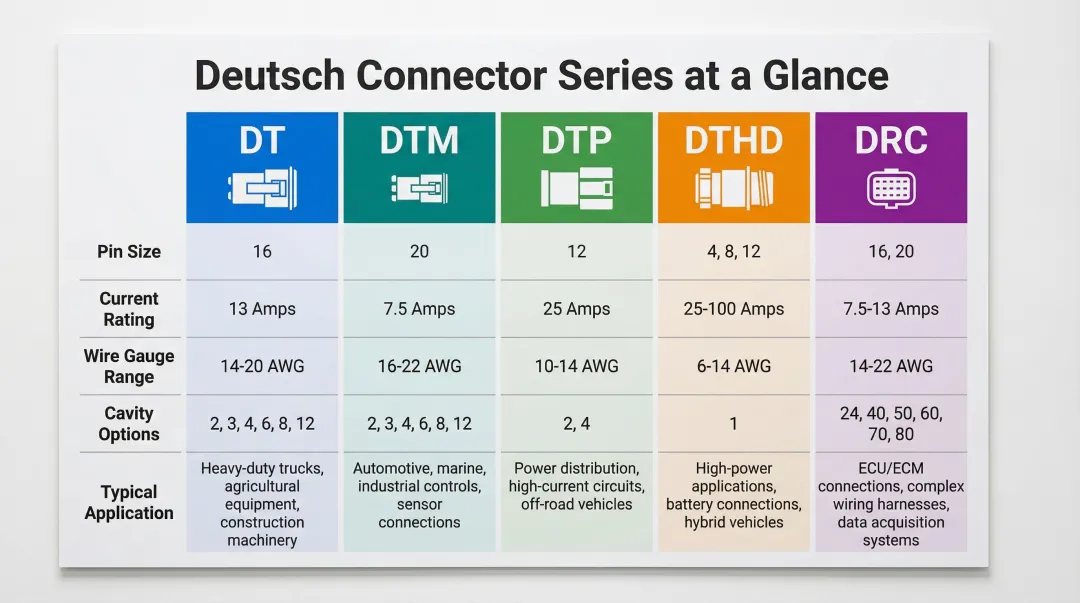 Five Deutsch connector series DT DTM DTP DTHD DRC side-by-side comparison infographic