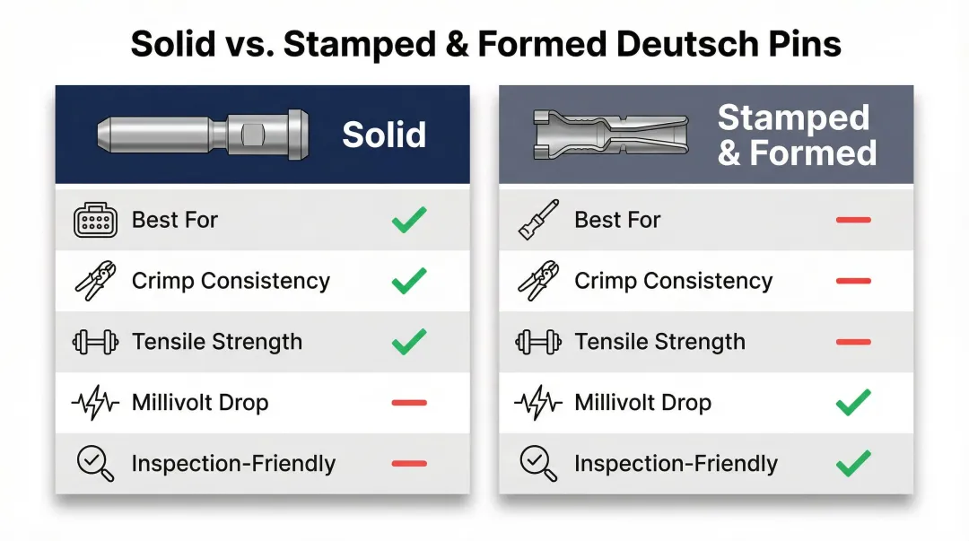 Solid versus stamped and formed Deutsch pins feature comparison table infographic