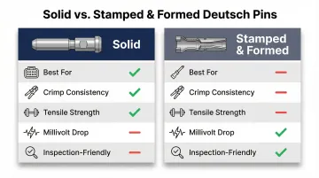 Solid versus stamped and formed Deutsch pins feature comparison table infographic