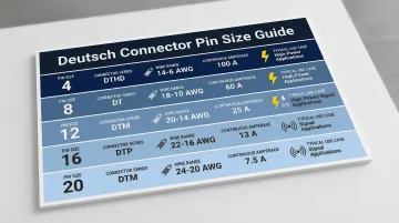Five Deutsch pin sizes comparison chart with amperage wire gauge and applications