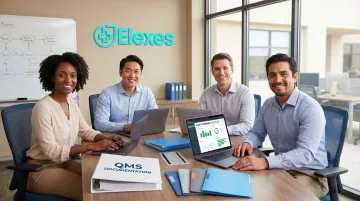 Medical device manufacturer team reviewing unified QMS documentation after successful FDA and notified body audit