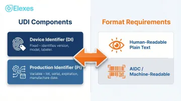 UDI label format requirements showing device identifier and production identifier components