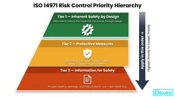 ISO 14971 three-tier risk control hierarchy from design elimination to safety labeling
