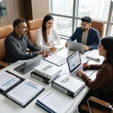 Regulatory compliance team collaborating on oversight