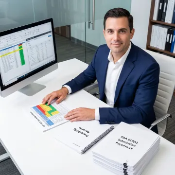 Consultant preparing ISO 14971 risk management documentation for FDA 510(k)