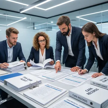 Quality management consultants reviewing compliance documents