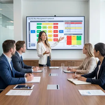 Consultant presenting quality risk management strategy