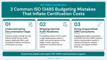 Three common ISO 13485 budgeting mistakes that inflate certification costs infographic
