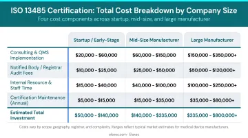 ISO 13485 total certification cost breakdown across four components by company size