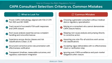 CAPA consultant selection criteria versus common mistakes side-by-side comparison infographic