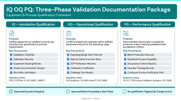 IQ OQ PQ three-phase documentation package structure comparison infographic