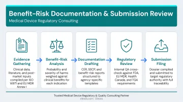 Elexes regulatory consulting team reviewing medical device benefit-risk documentation and submissions