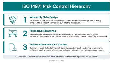 ISO 14971 three-tier risk control hierarchy from design elimination to safety labeling
