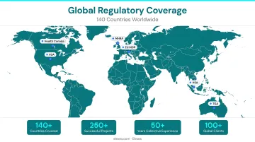 Global medical device regulatory market coverage map spanning 140 countries worldwide