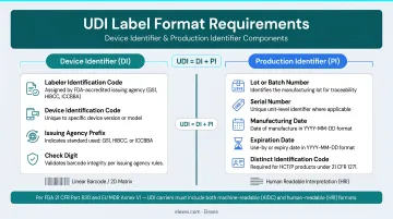 UDI label format requirements showing device identifier and production identifier components