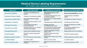 FDA EU MDR and Health Canada medical device labeling requirements side-by-side comparison chart