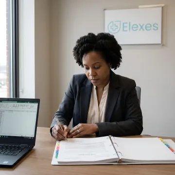 Consultant reviewing risk management and compliance records