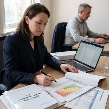 Consultant reviewing cybersecurity risk documentation for a medical device