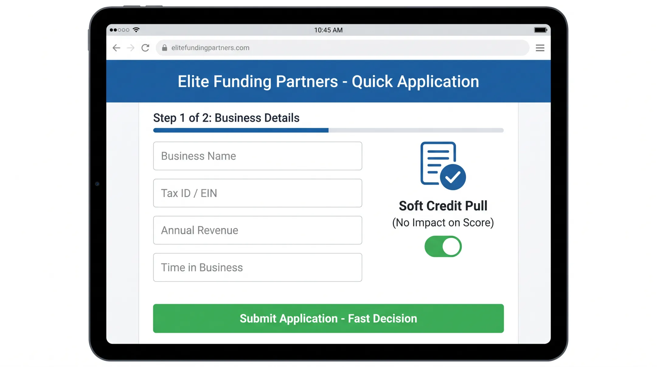 Elite Funding Partners online application interface for franchise financing