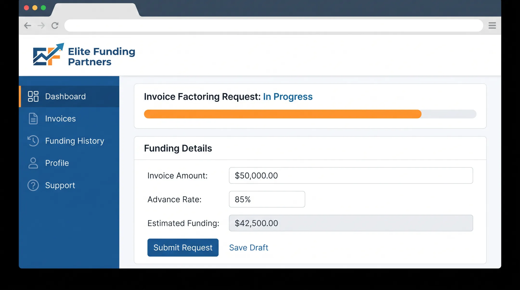Elite Funding Partners online invoice factoring application dashboard interface