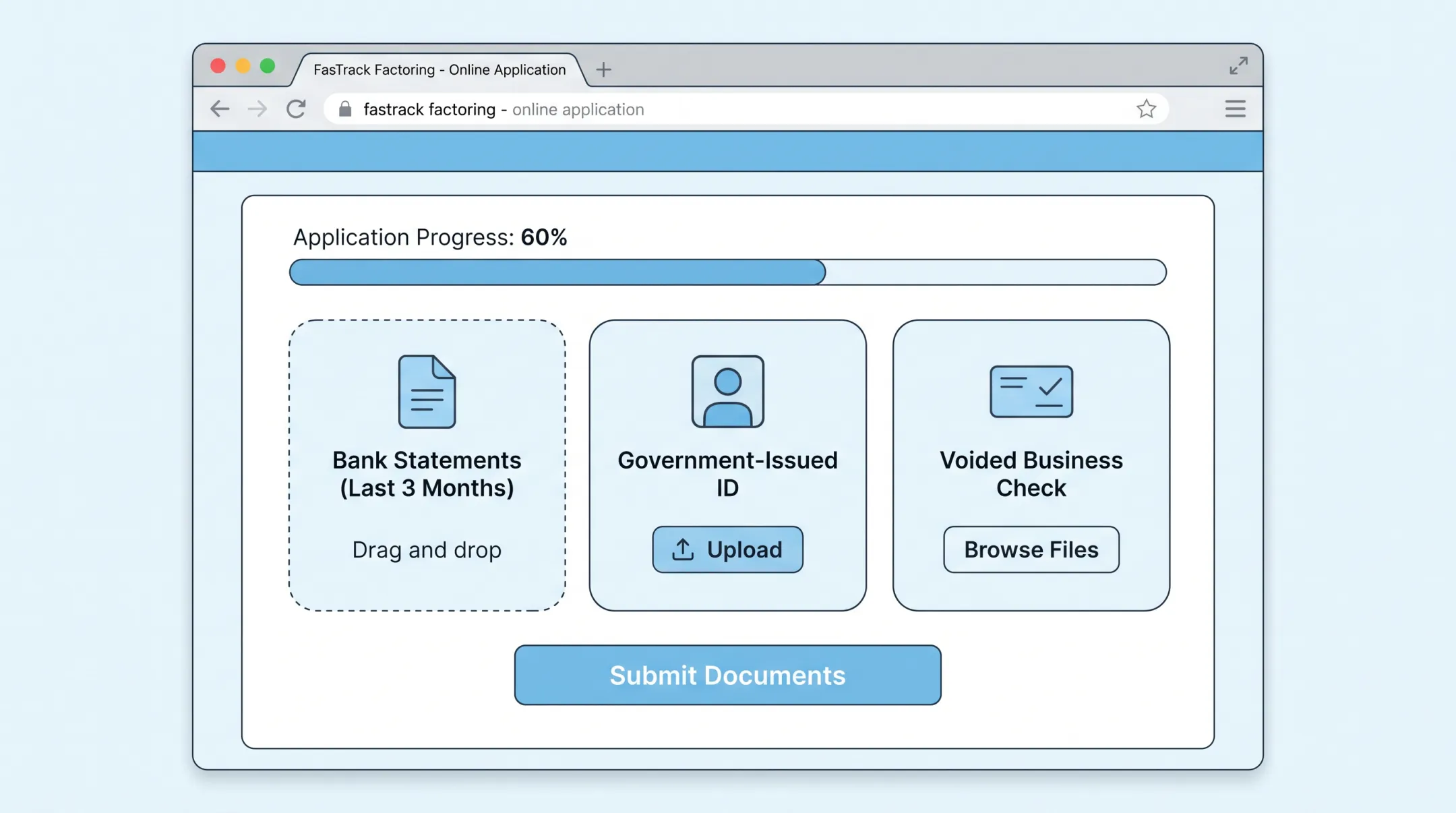 Elite Funding Partners online application interface for factoring approval