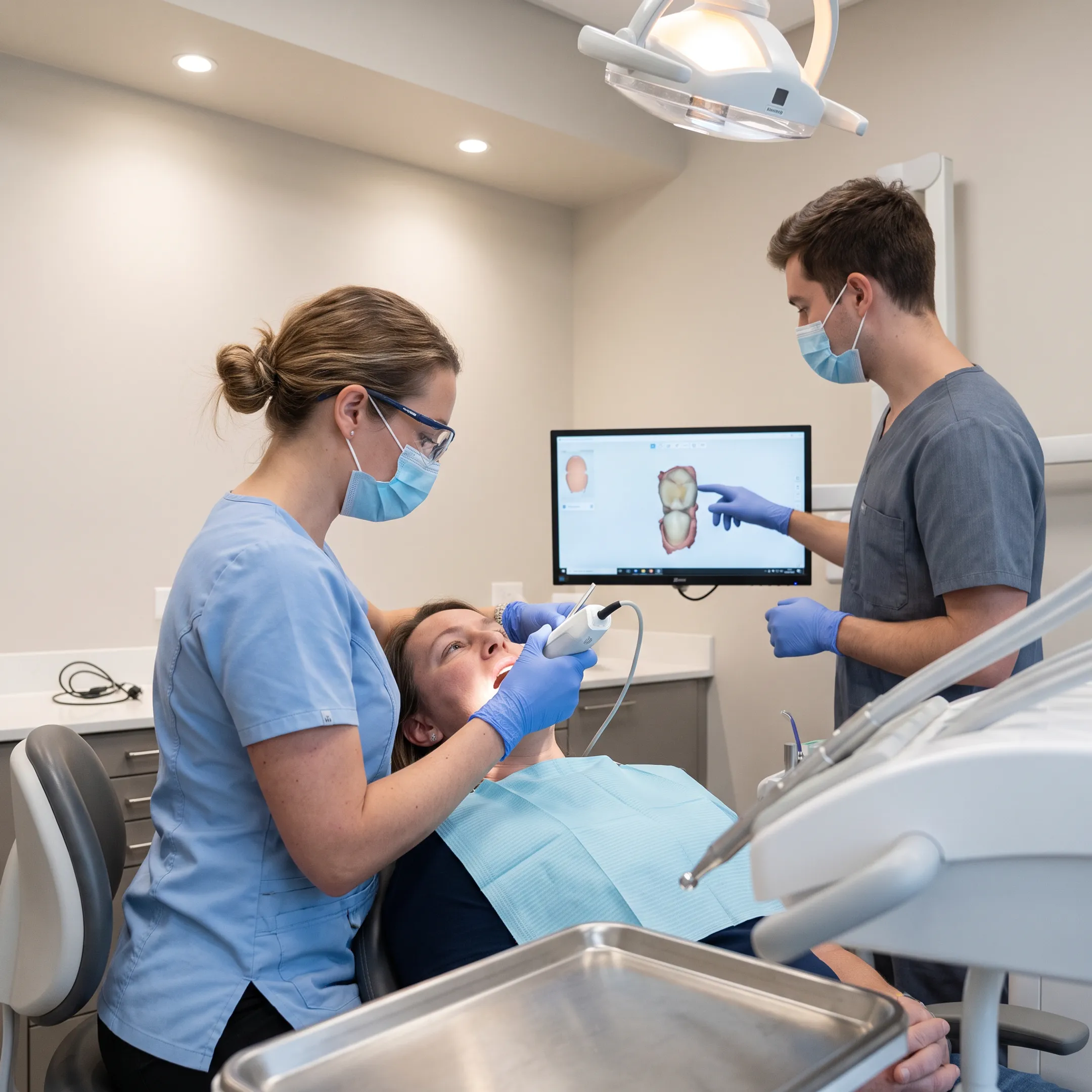 Dental team using advanced clinical equipment